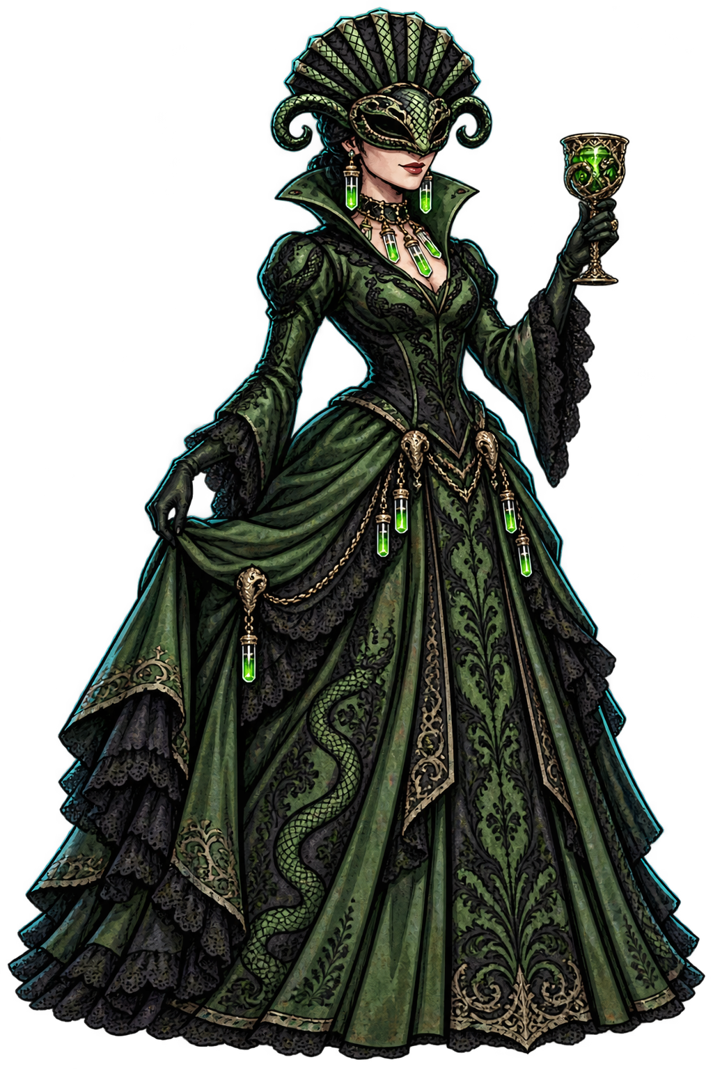 Venomarquise Ilsabet in a serpent mask and emerald gown