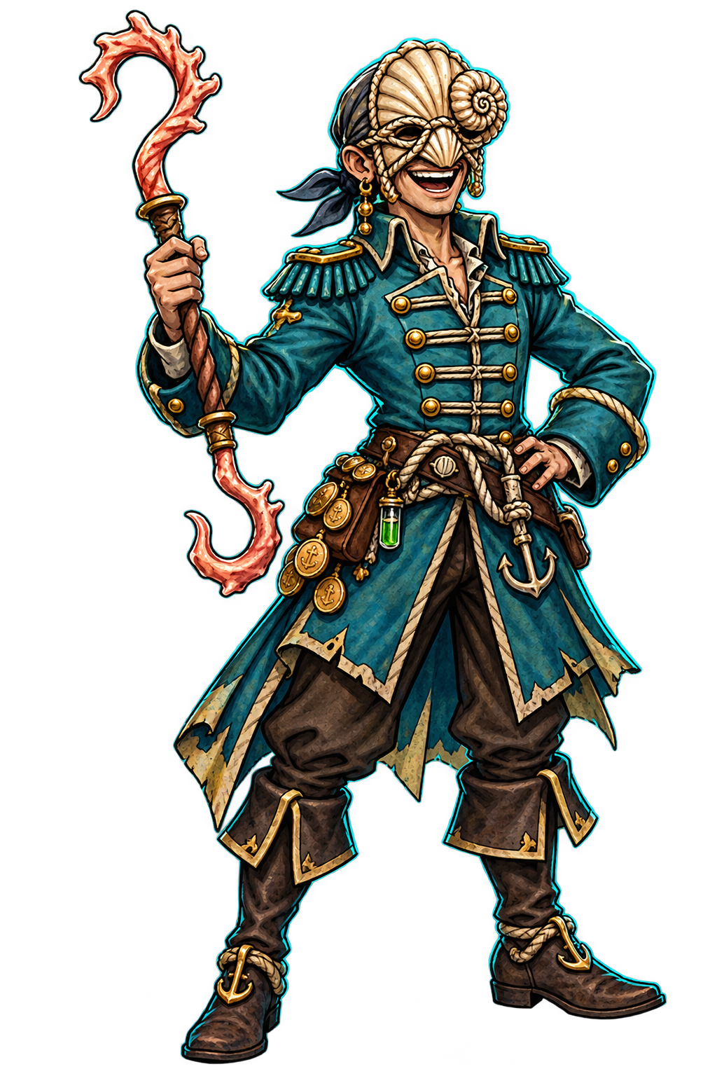 Captain Sella Vane with a shell mask and coral staff