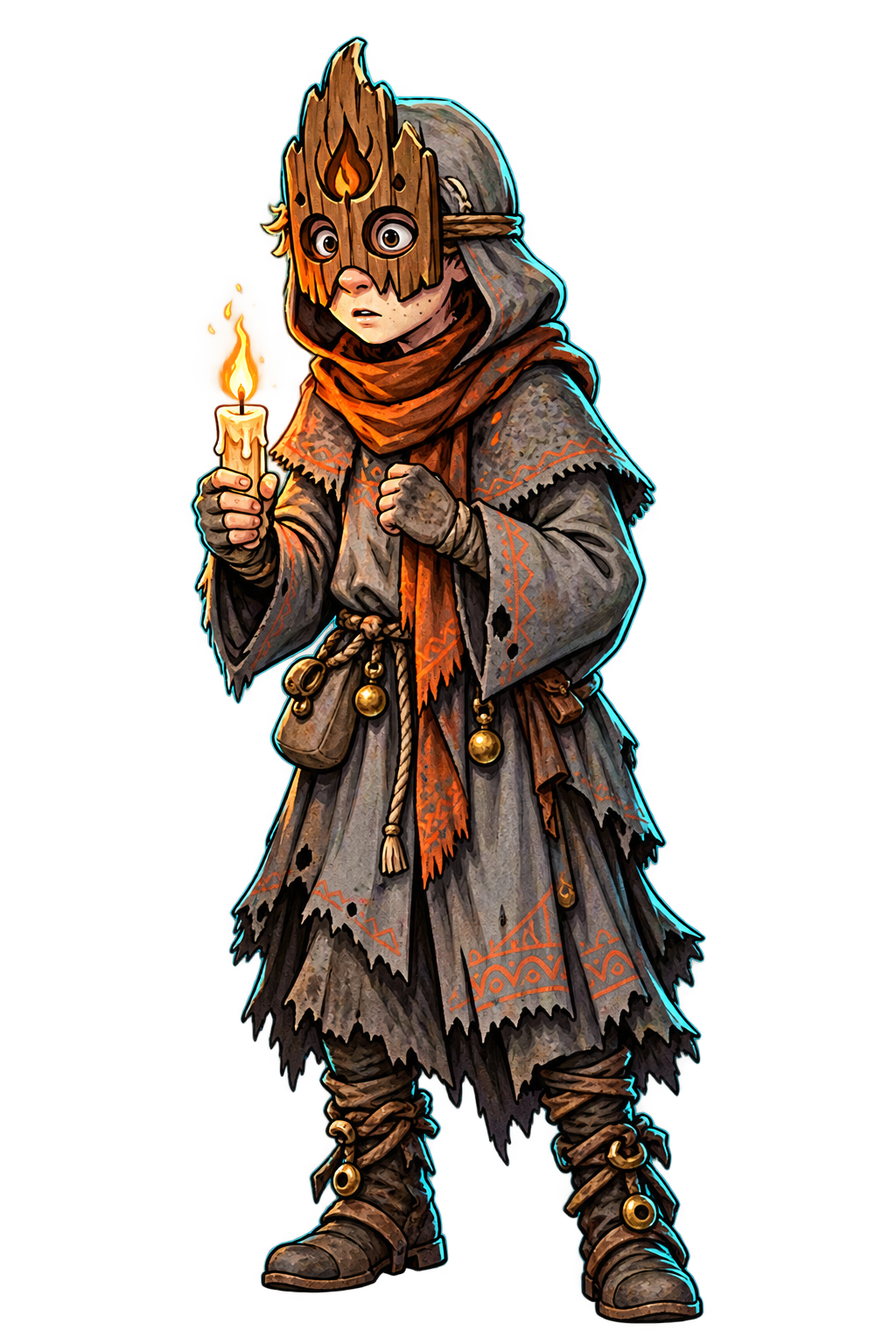 Acolyte Vess, an apprentice in a wooden flame mask and orange scarf